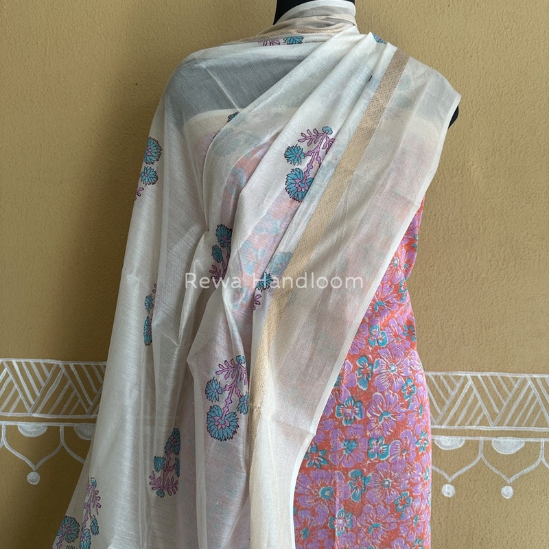 Maheshwari Orange-White Handblock Print Top-Dupatta HBS098
