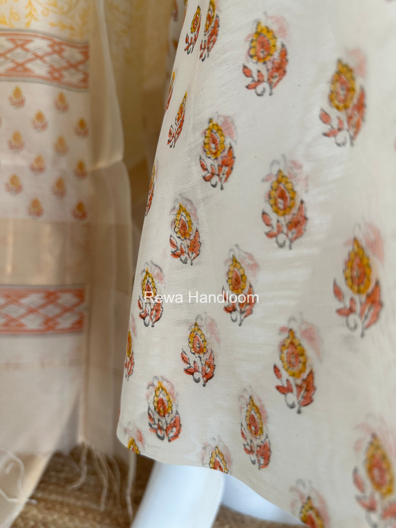 Maheshwari White Handblock Print Top-Dupatta HBS0177