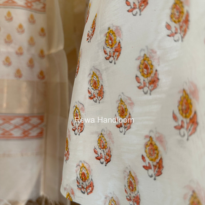 Maheshwari White Handblock Print Top-Dupatta HBS0177