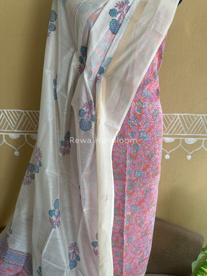 Maheshwari Orange-White Handblock Print Top-Dupatta HBS098
