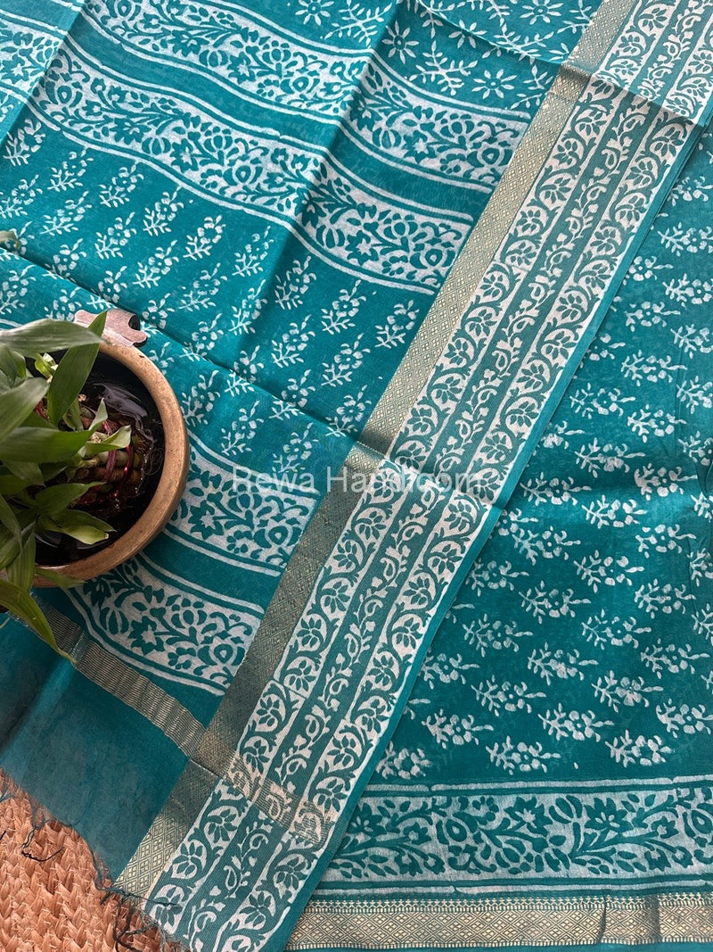 Sea Green Dabu Print Silk Top-Dupatta DPSD08