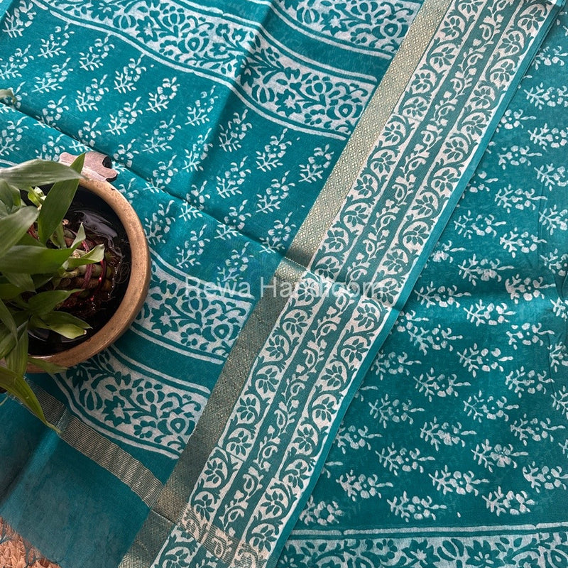 Sea Green Dabu Print Silk Top-Dupatta DPSD08