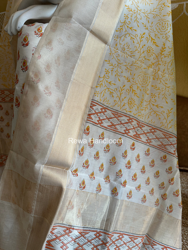 Maheshwari White Handblock Print Top-Dupatta HBS0177