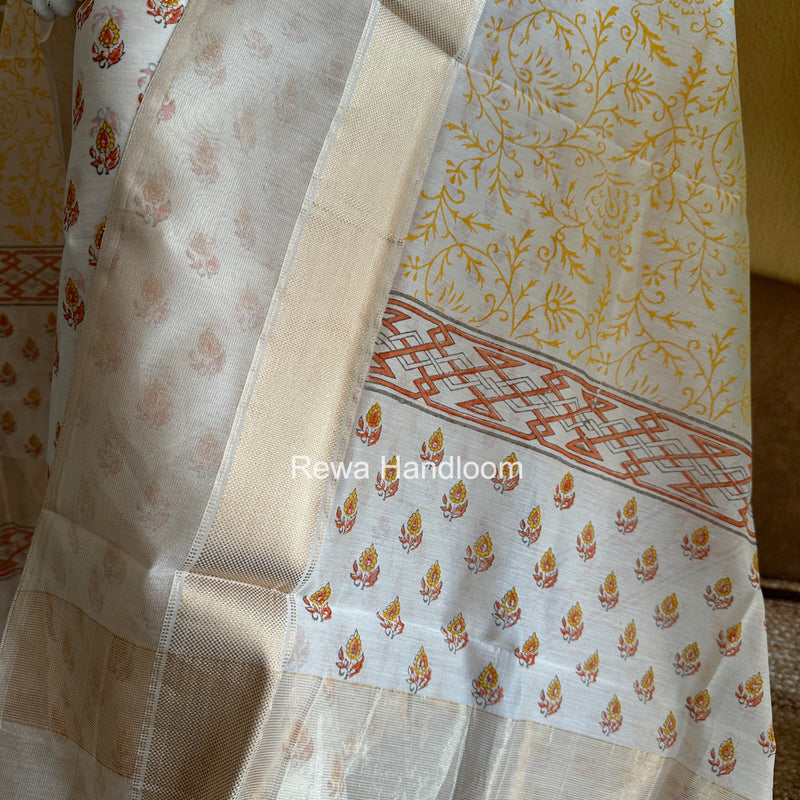 Maheshwari White Handblock Print Top-Dupatta HBS0177