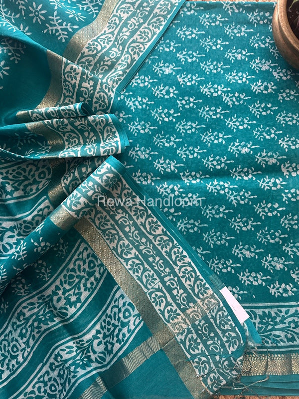 Sea Green Dabu Print Silk Top-Dupatta