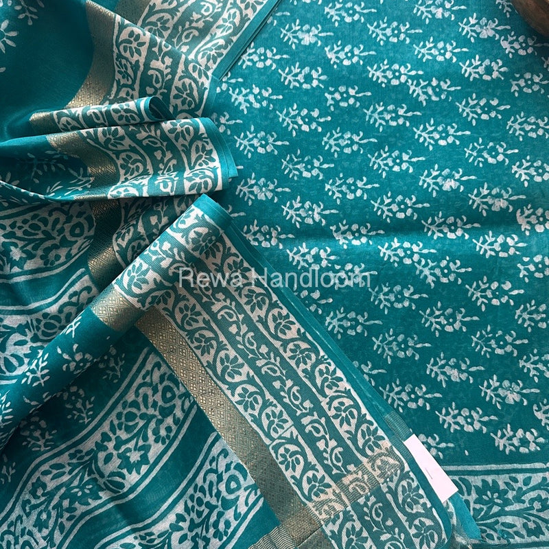 Sea Green Dabu Print Silk Top-Dupatta