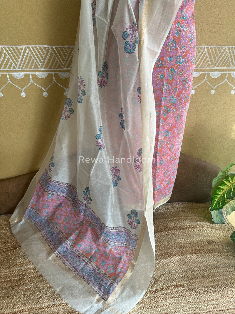 Maheshwari Orange-White Handblock Print Top-Dupatta HBS098