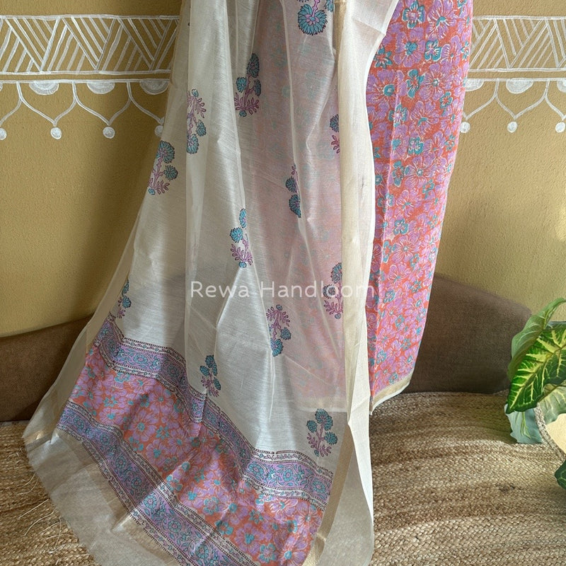 Maheshwari Orange-White Handblock Print Top-Dupatta HBS098