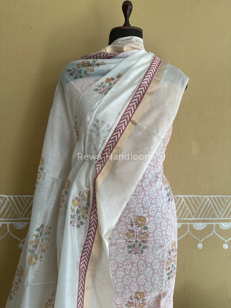 Maheshwari Pink-White Handblock Print Top-Dupatta HBS0105