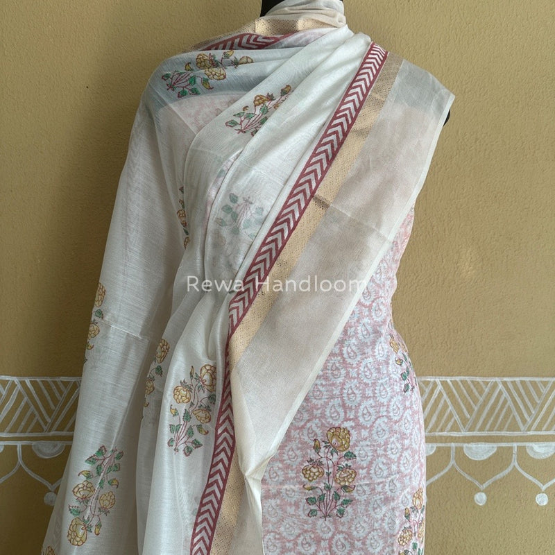 Maheshwari Pink-White Handblock Print Top-Dupatta HBS0105