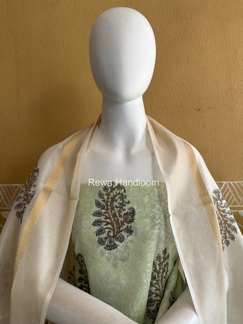 Maheshwari Pista Green-White Handblock Print Top-Dupatta HBS0146