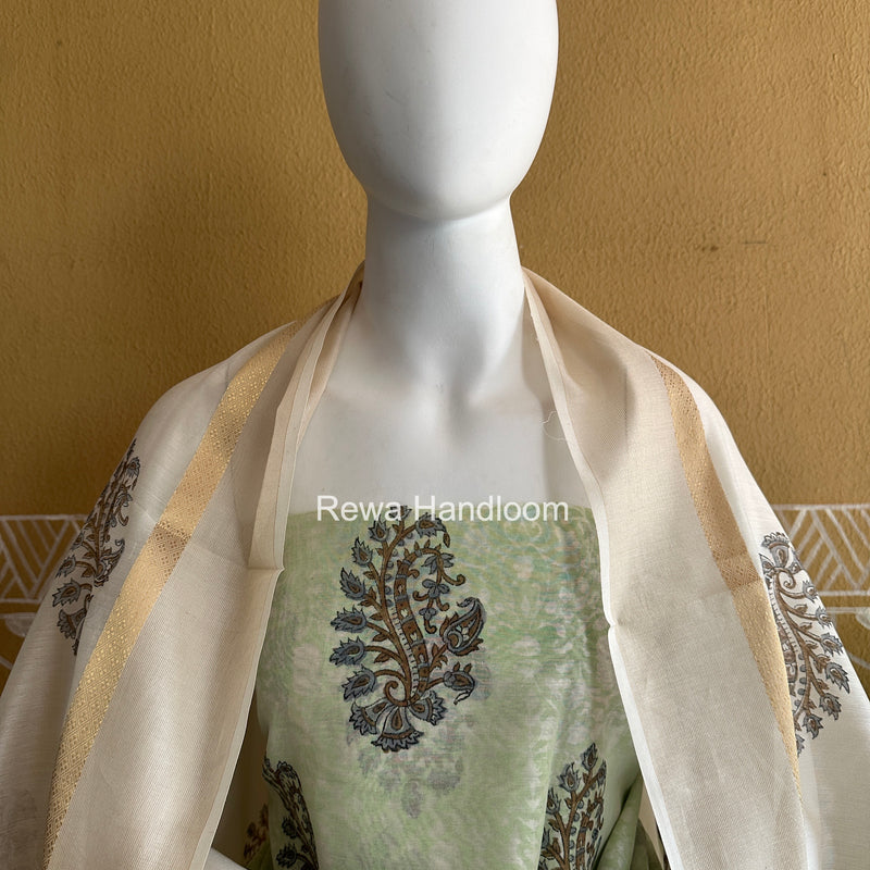 Maheshwari Pista Green-White Handblock Print Top-Dupatta HBS0146