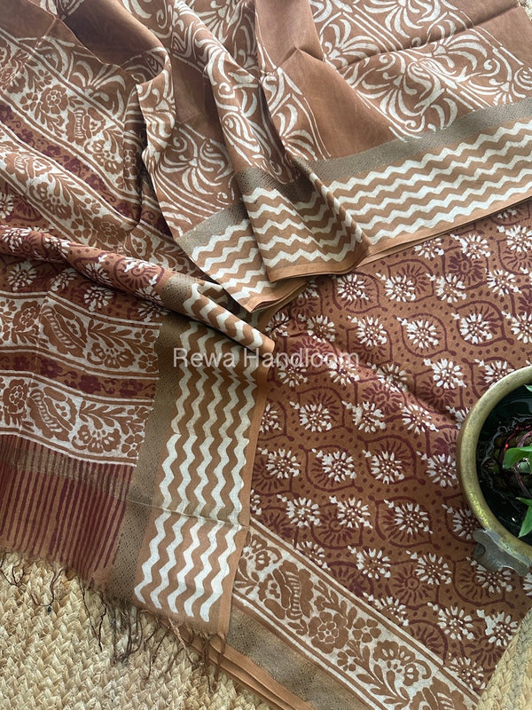 Dark Brown Dabu Print Silk Top-Dupatta