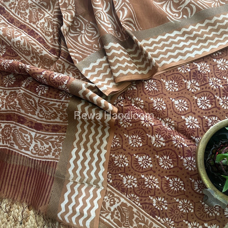 Dark Brown Dabu Print Silk Top-Dupatta