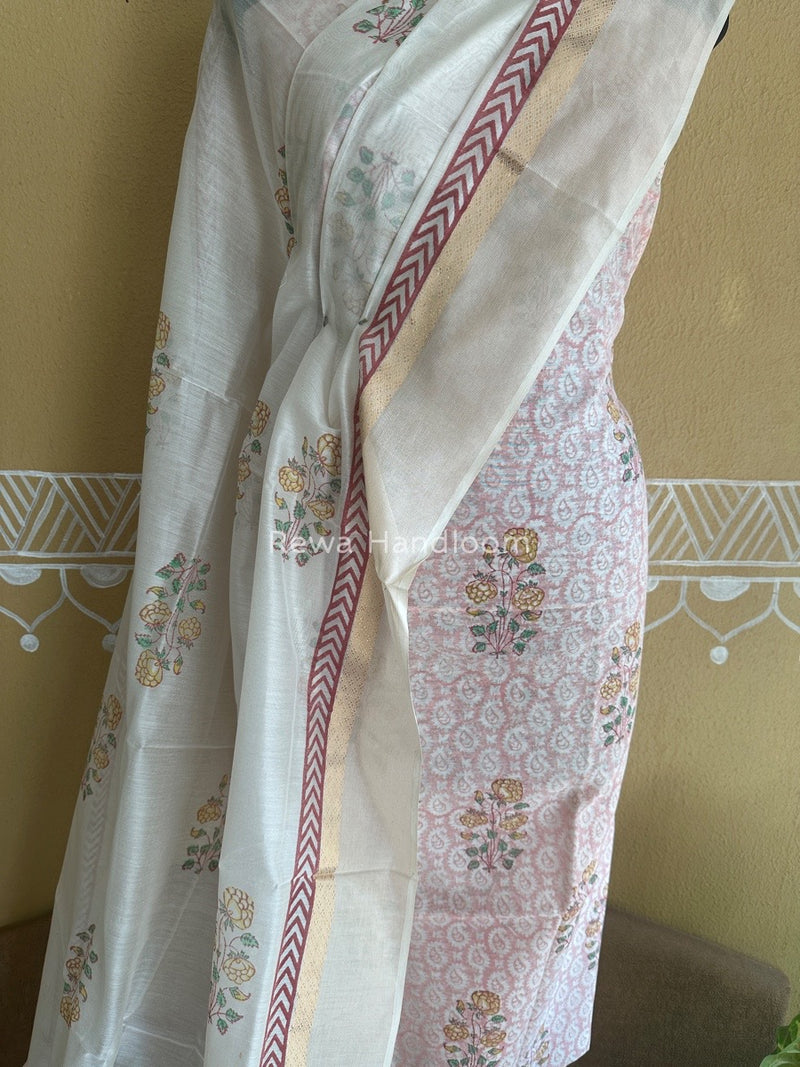 Maheshwari Pink-White Handblock Print Top-Dupatta HBS0105