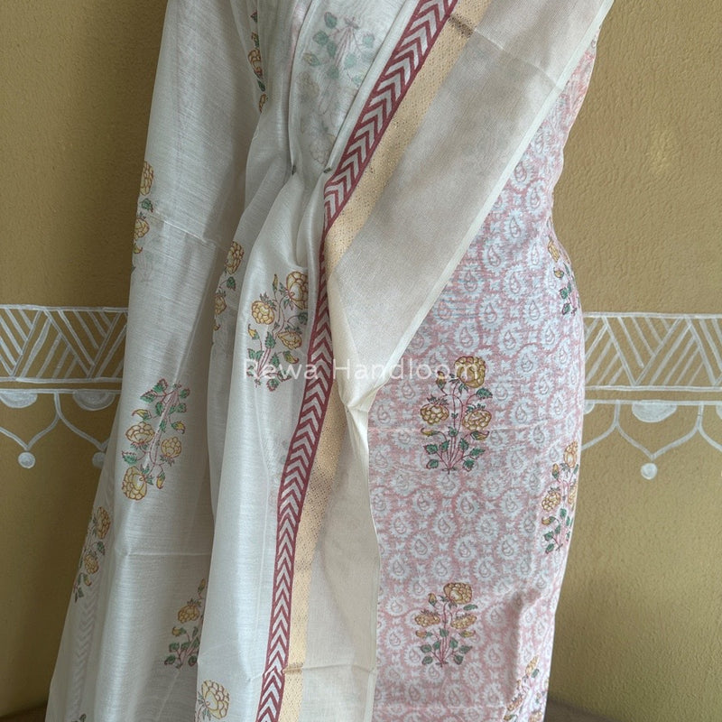 Maheshwari Pink-White Handblock Print Top-Dupatta HBS0105
