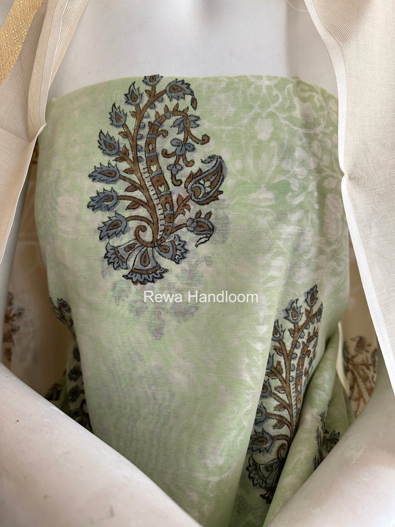 Maheshwari Pista Green-White Handblock Print Top-Dupatta HBS0146