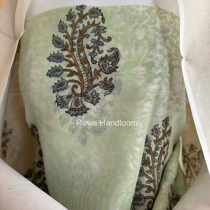 Maheshwari Pista Green-White Handblock Print Top-Dupatta HBS0146