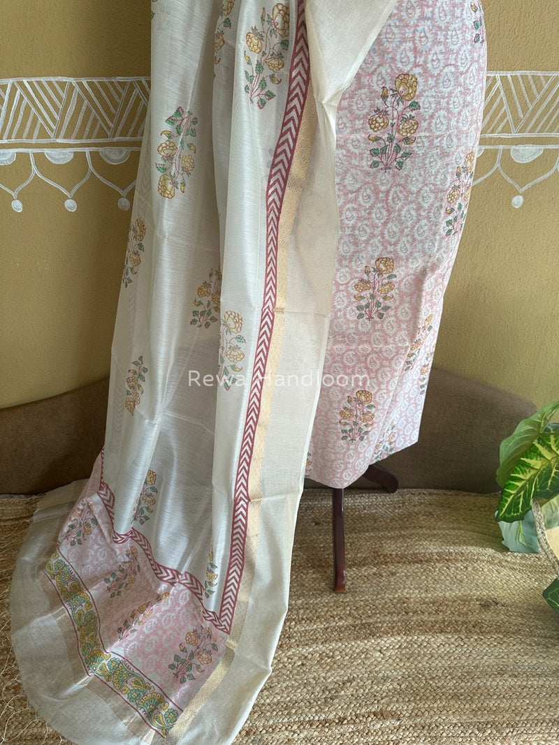 Maheshwari Pink-White Handblock Print Top-Dupatta HBS0105