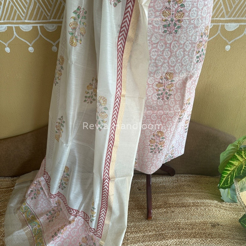 Maheshwari Pink-White Handblock Print Top-Dupatta HBS0105