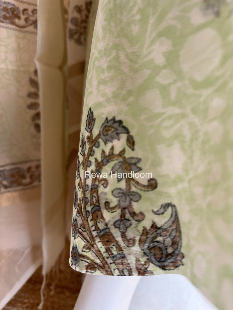 Maheshwari Pista Green-White Handblock Print Top-Dupatta HBS0146