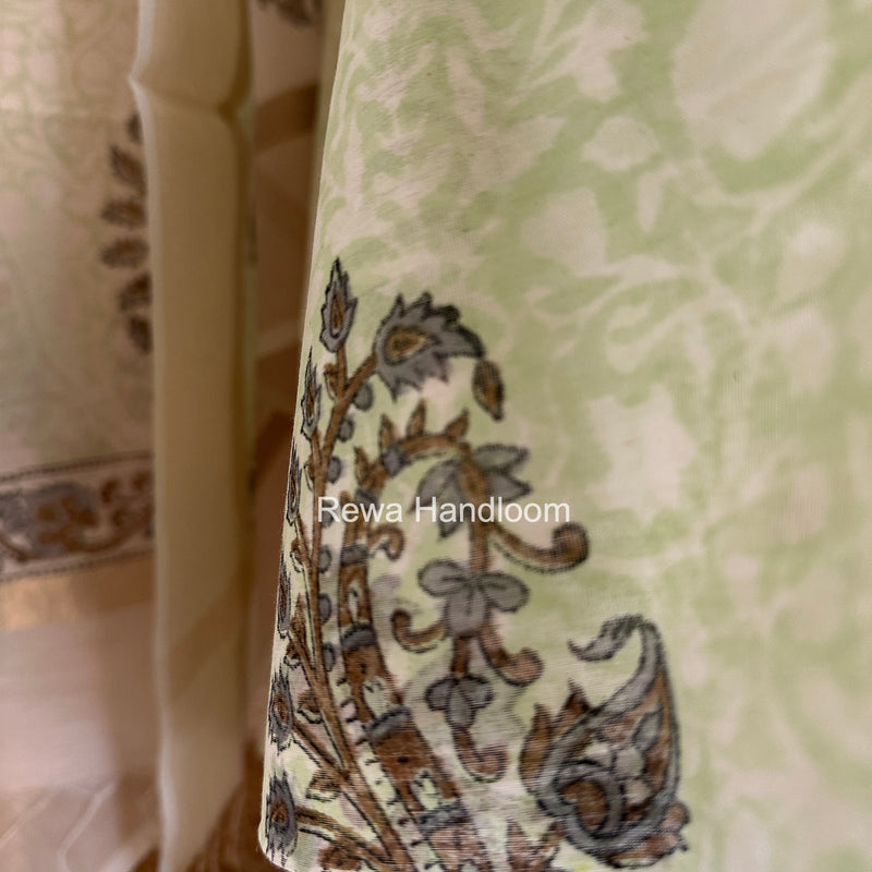 Maheshwari Pista Green-White Handblock Print Top-Dupatta HBS0146