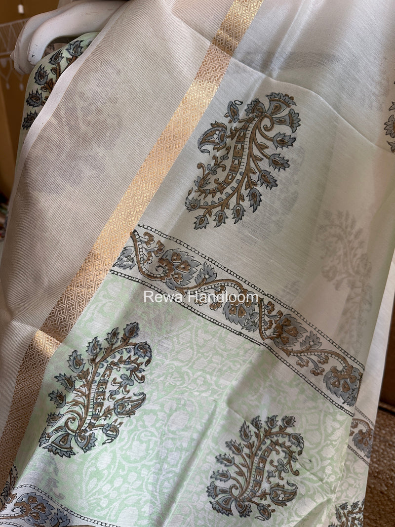 Maheshwari Pista Green-White Handblock Print Top-Dupatta HBS0146