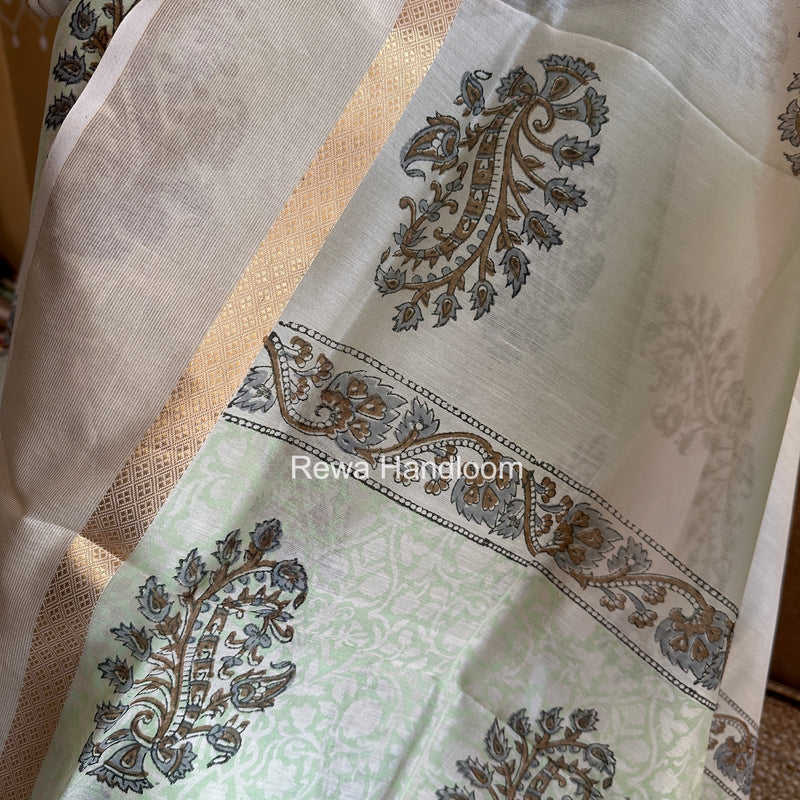Maheshwari Pista Green-White Handblock Print Top-Dupatta HBS0146
