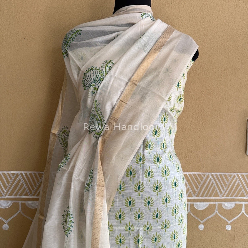 Maheshwari White Handblock Print Top-Dupatta HBS026