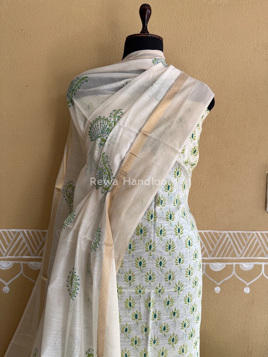 Maheshwari White Handblock Print Top-Dupatta HBS026