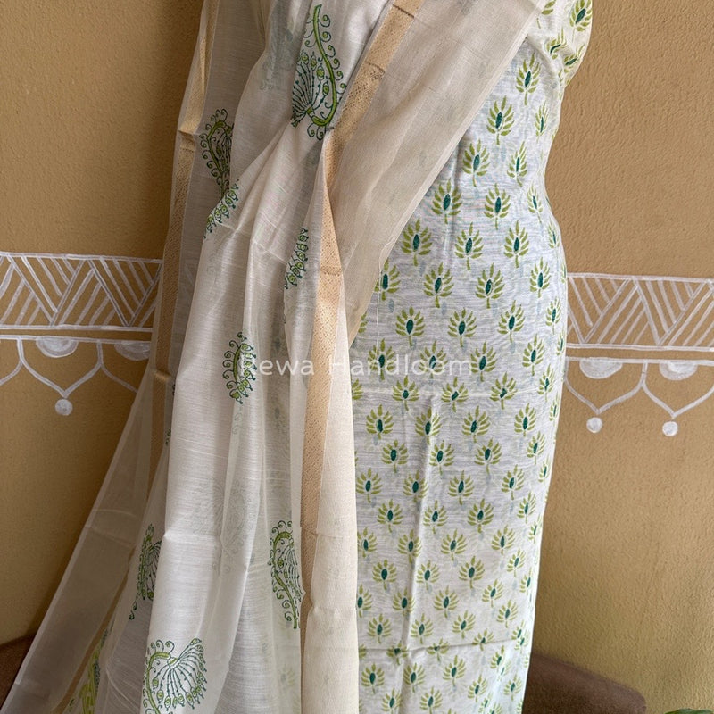 Maheshwari White Handblock Print Top-Dupatta HBS026