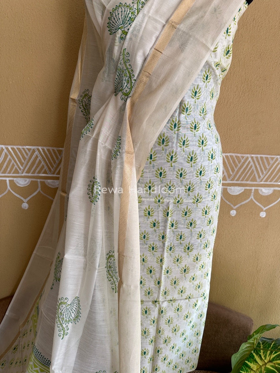 Maheshwari White Handblock Print Top-Dupatta HBS026