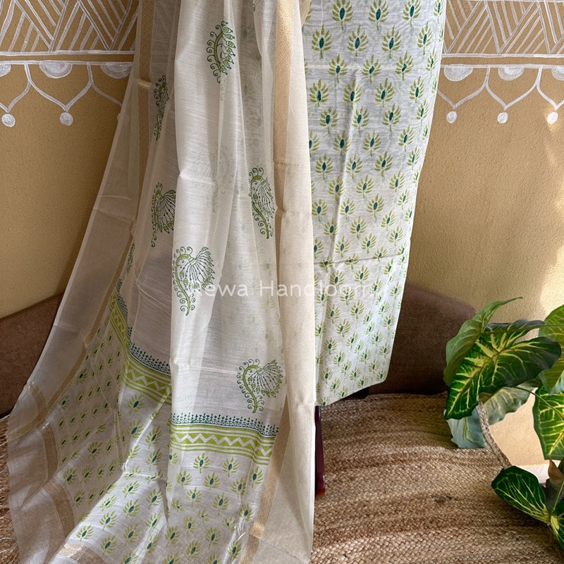 Maheshwari White Handblock Print Top-Dupatta HBS026