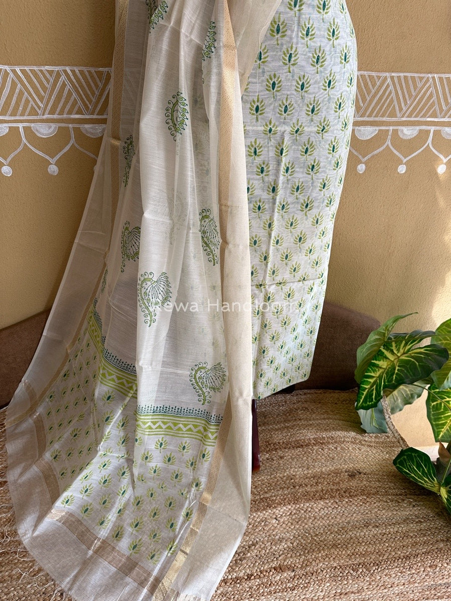 Maheshwari White Handblock Print Top-Dupatta HBS026