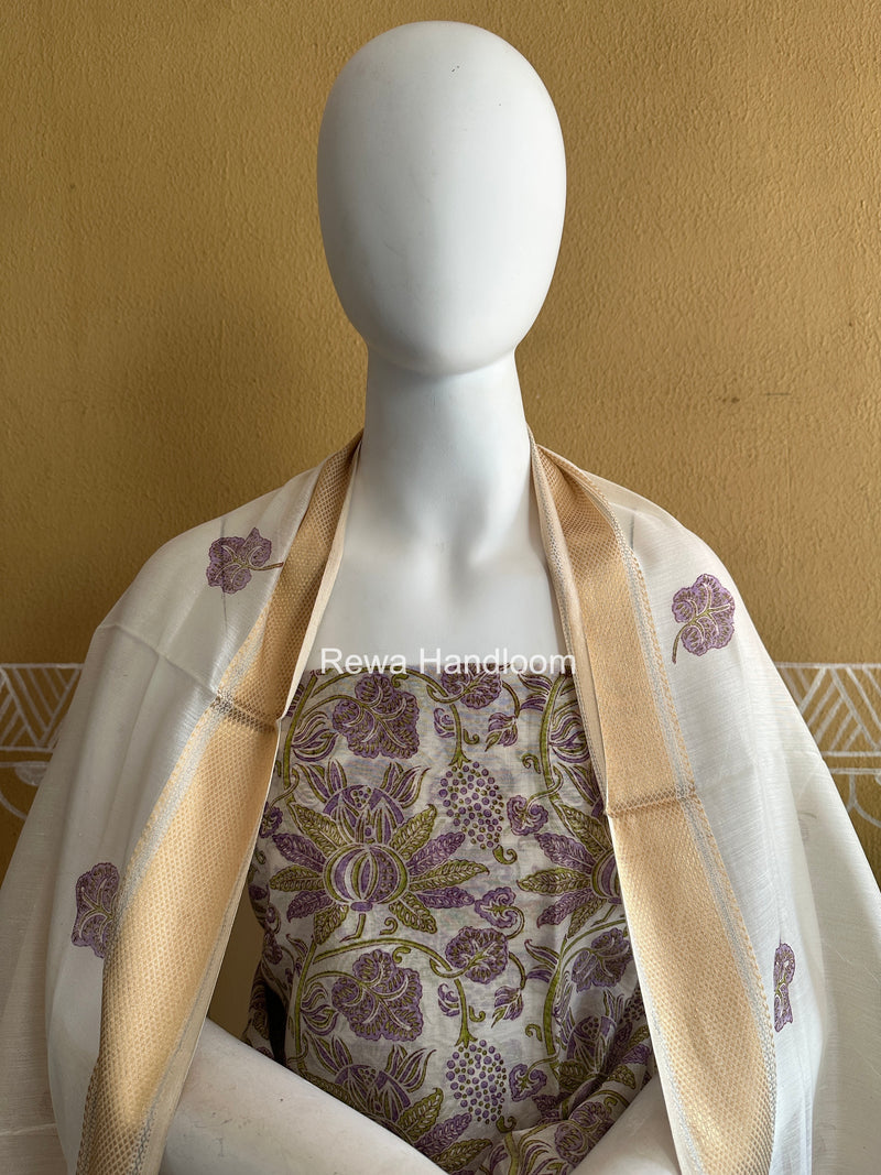 Maheshwari White Handblock Print Top-Dupatta HBS0178