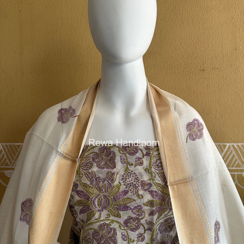 Maheshwari White Handblock Print Top-Dupatta HBS0178