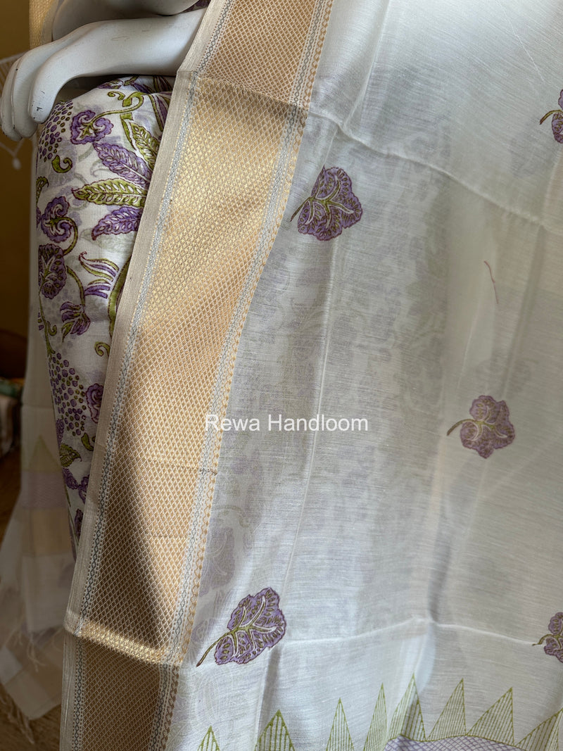 Maheshwari White Handblock Print Top-Dupatta HBS0178