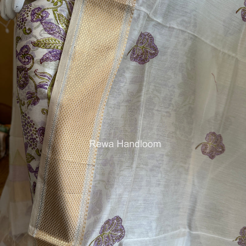 Maheshwari White Handblock Print Top-Dupatta HBS0178