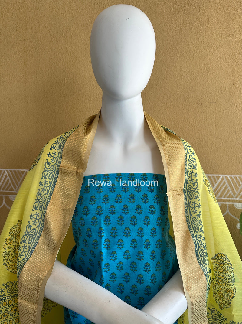 Maheshwari Sky Blue-Yellow Handblock Print Top-Dupatta HBS031