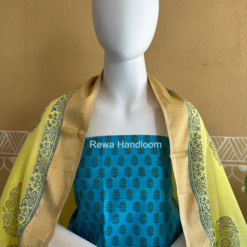 Maheshwari Sky Blue-Yellow Handblock Print Top-Dupatta HBS031
