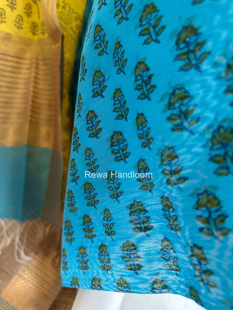 Maheshwari Sky Blue-Yellow Handblock Print Top-Dupatta HBS031
