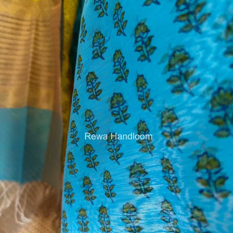 Maheshwari Sky Blue-Yellow Handblock Print Top-Dupatta HBS031