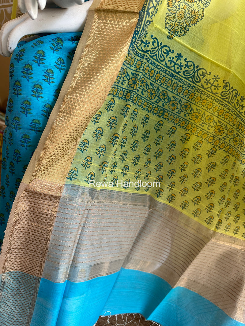 Maheshwari Sky Blue-Yellow Handblock Print Top-Dupatta HBS031