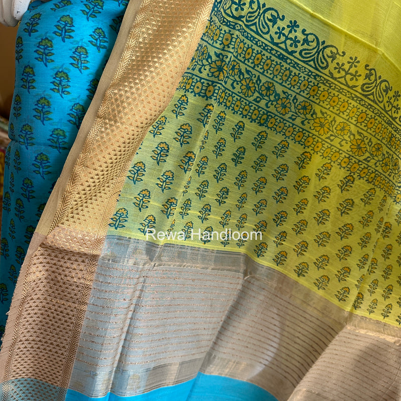 Maheshwari Sky Blue-Yellow Handblock Print Top-Dupatta HBS031