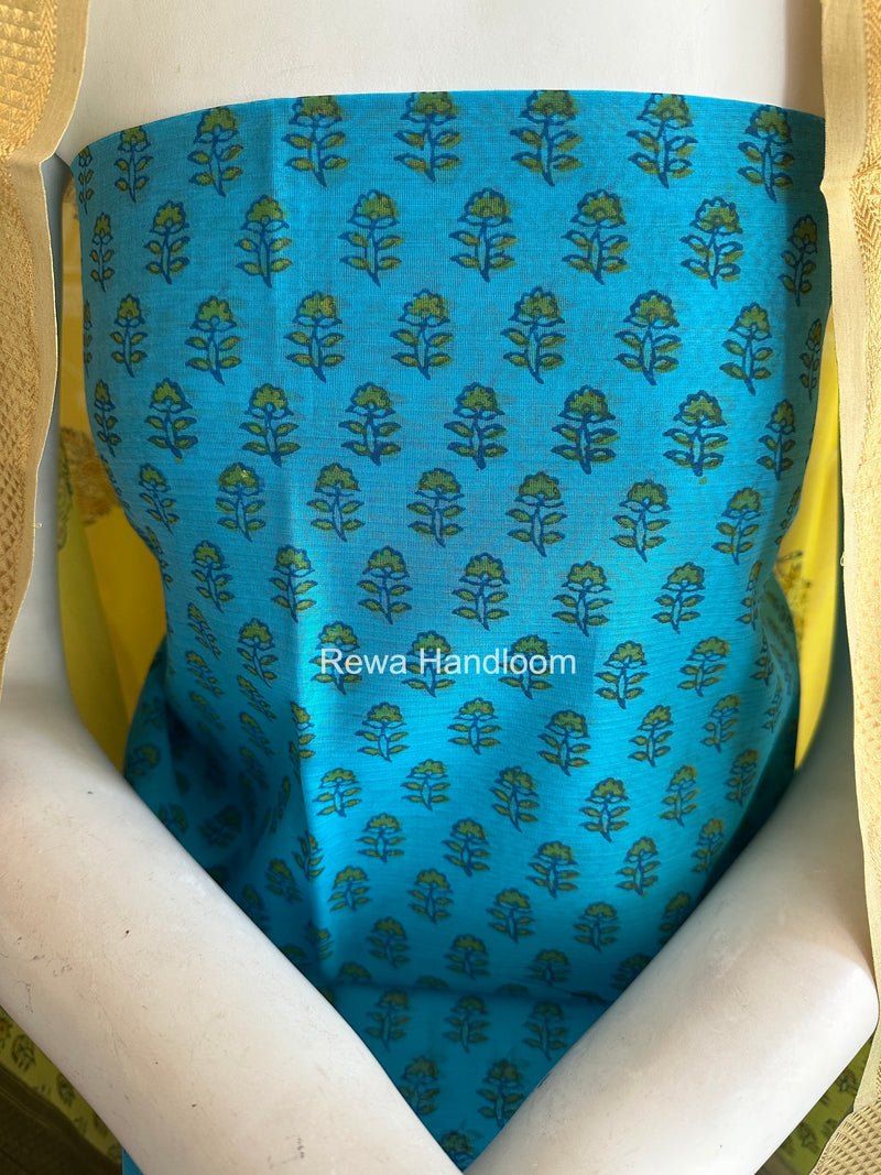 Maheshwari Sky Blue-Yellow Handblock Print Top-Dupatta HBS031
