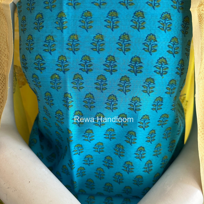 Maheshwari Sky Blue-Yellow Handblock Print Top-Dupatta HBS031