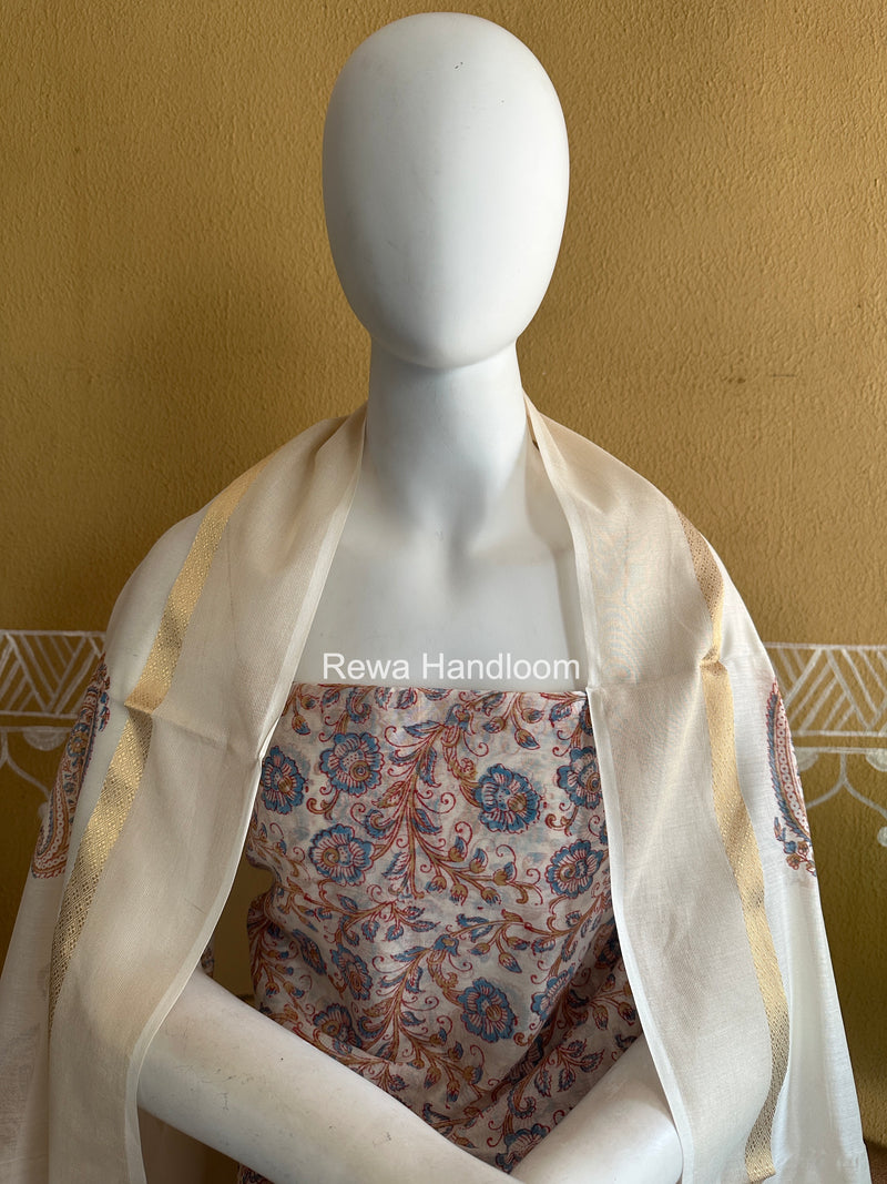 Maheshwari White Handblock Print Top-Dupatta HBS0131
