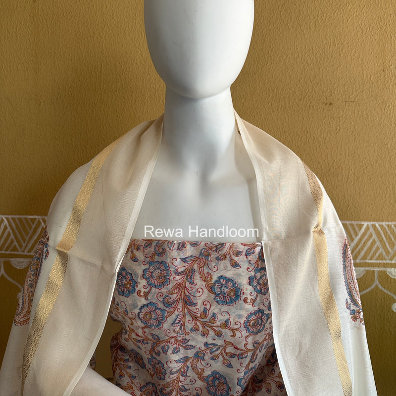 Maheshwari White Handblock Print Top-Dupatta HBS0131