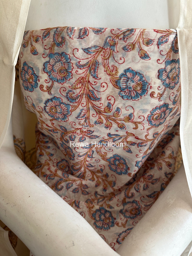 Maheshwari White Handblock Print Top-Dupatta HBS0131