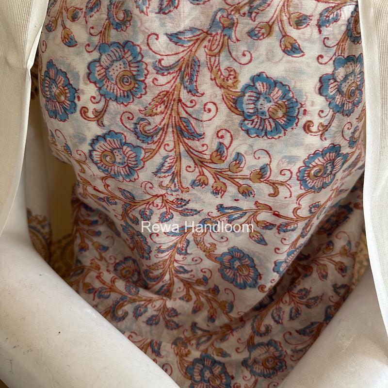 Maheshwari White Handblock Print Top-Dupatta HBS0131